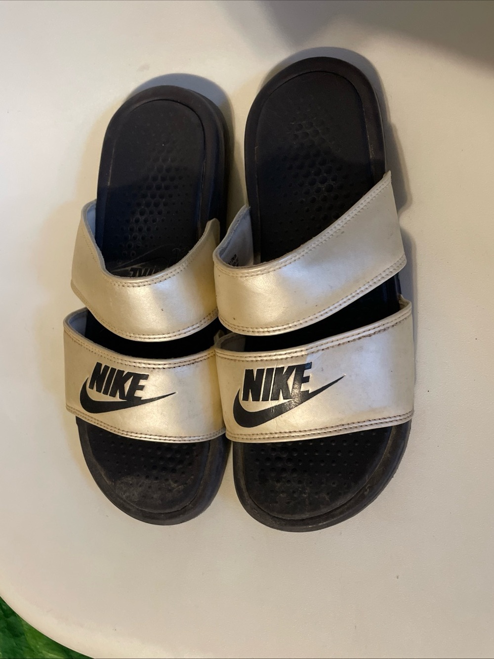 Nike Women size 9 Metallic Gold Double-Strap Slide Sandals with Black Footbed
